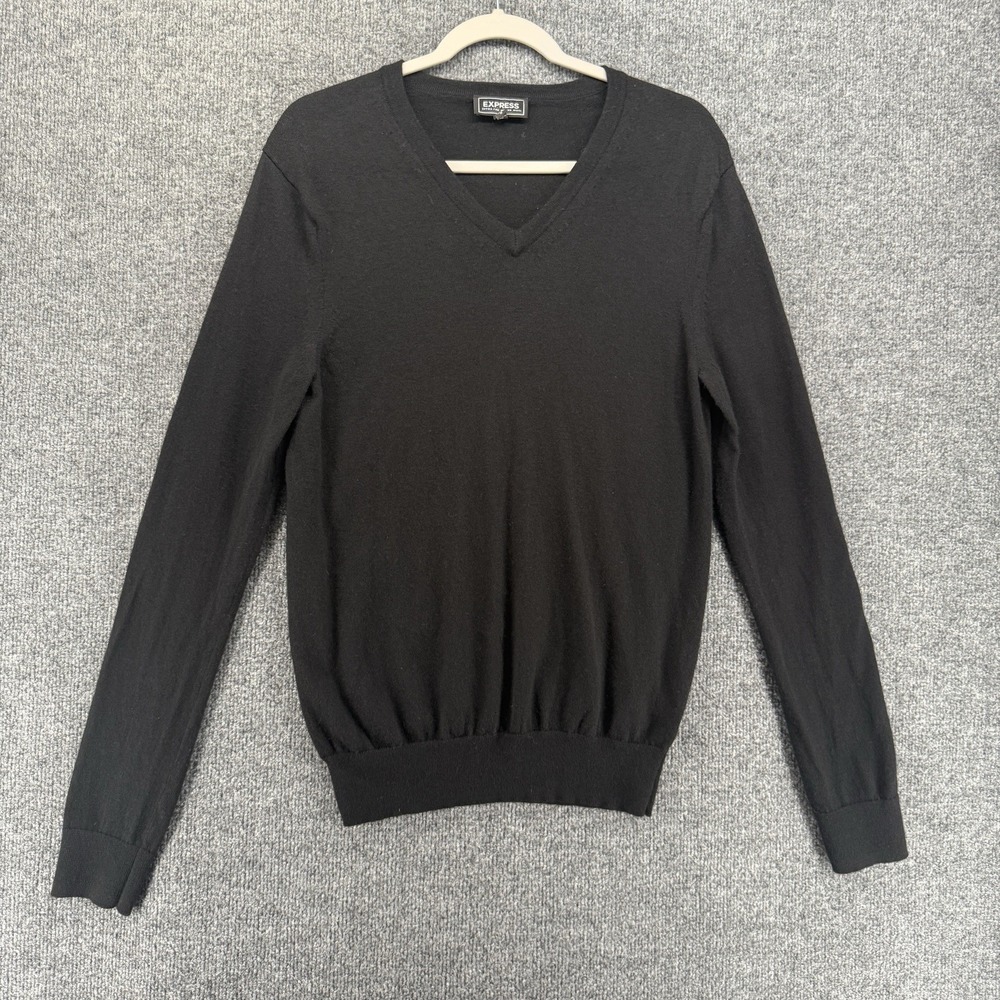 Express Sweater Mens M Black Merino Wool V-Neck Long Sleeve Preppy Quiet Luxury